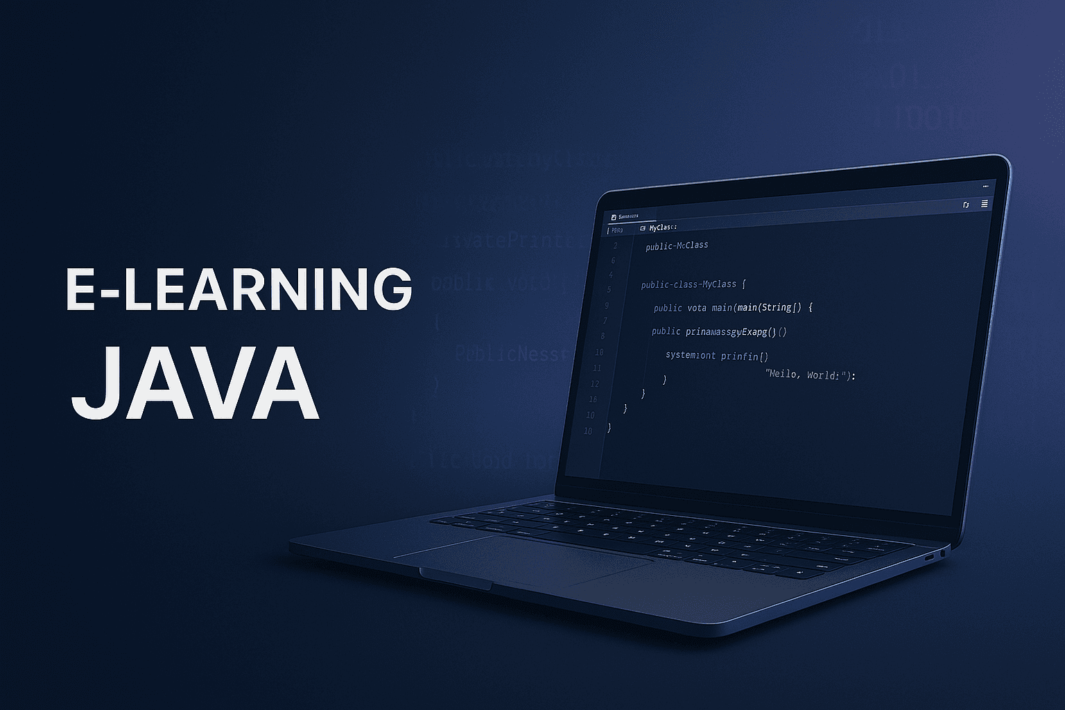 Professional Java programming workspace with dark blue tech background and abstract code, modern e-learning banner