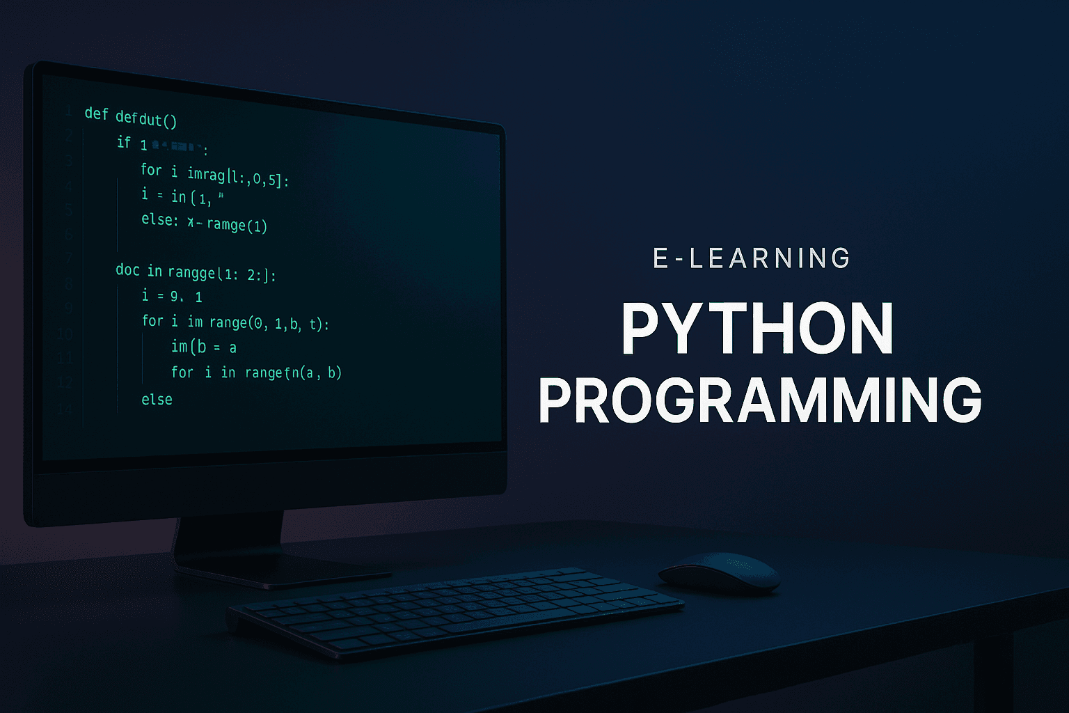 Professional Python programming course banner with dark blue tech background and abstract code on a developer's monitor